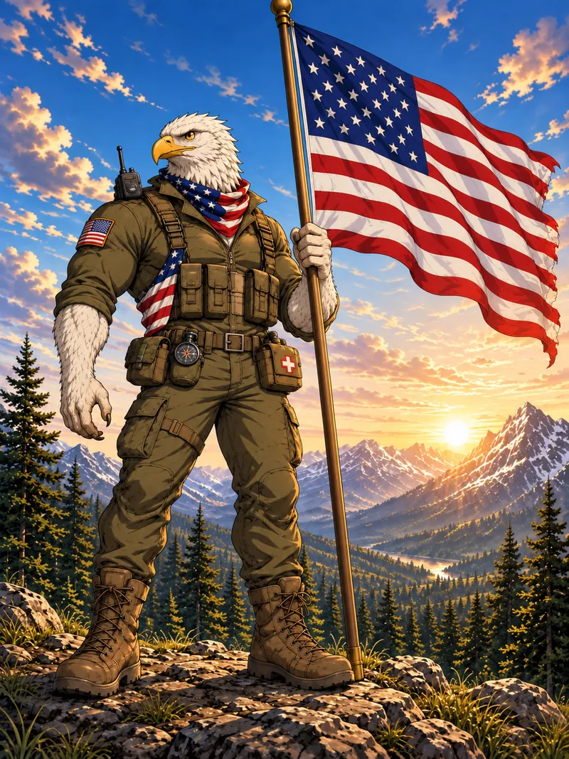 The Off Grid Eagle mascot: a bald eagle in olive field gear and boots, holding an American flag on a mountain ridge at sunrise