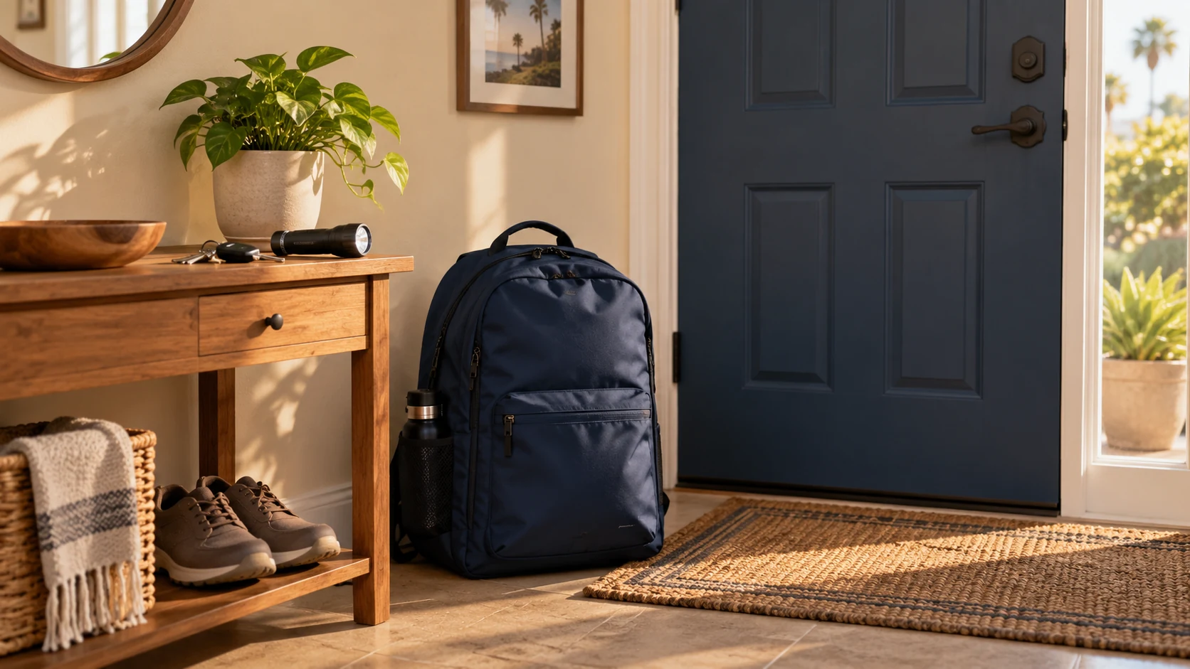 AI-generated illustration of a navy go-bag beside a home entry door, with car keys and a flashlight on a console