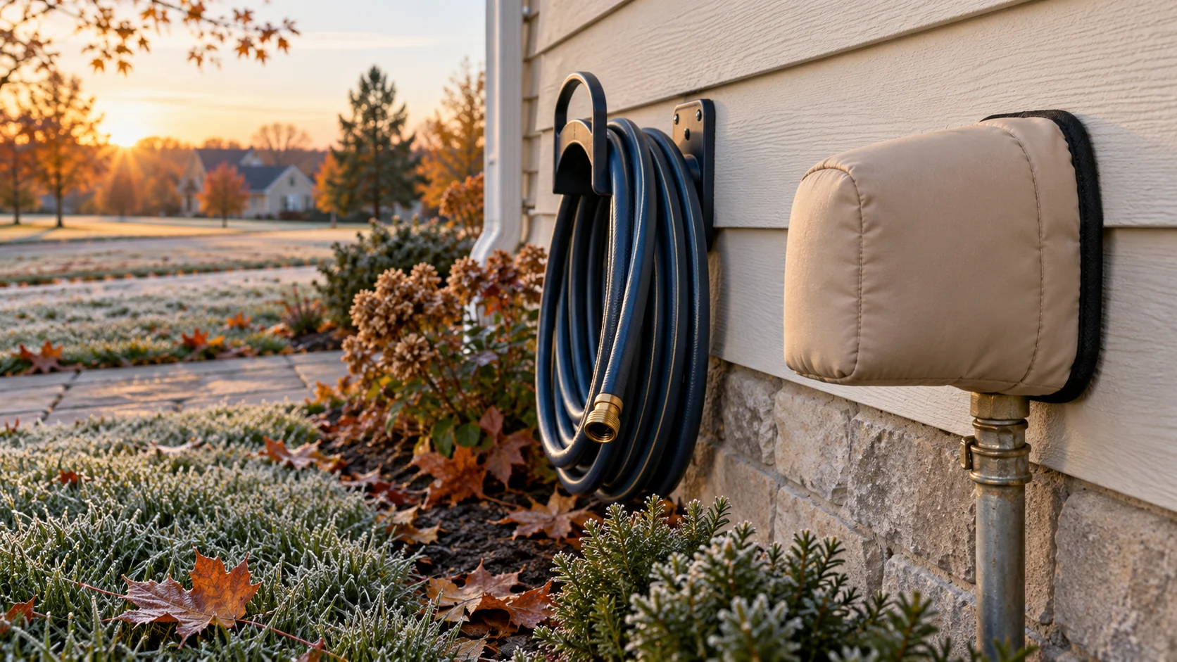 AI-generated illustration of an insulated outdoor faucet cover, a disconnected coiled hose and light frost on a lawn at dawn