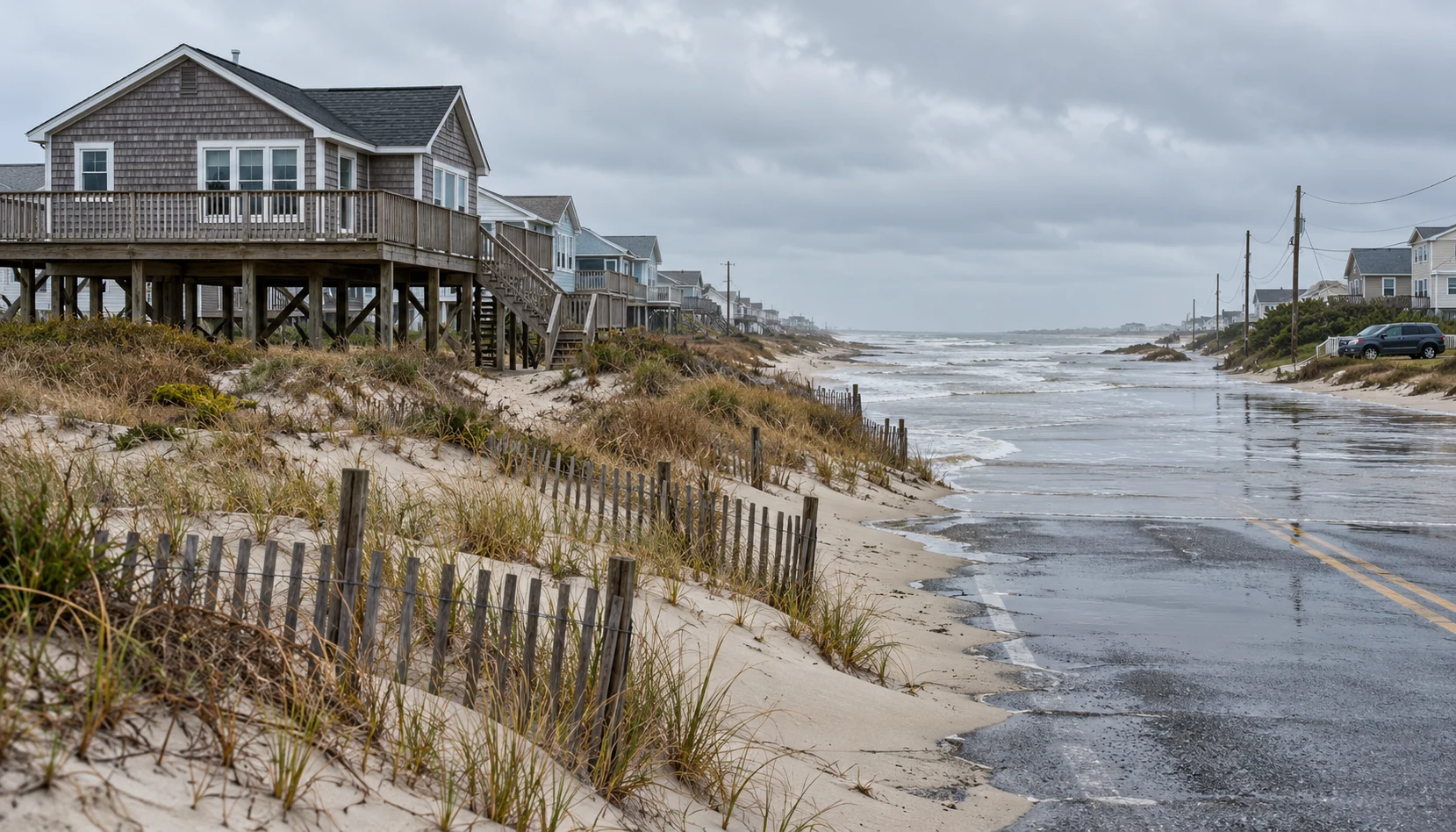 AI-generated illustration of an elevated coastal house, dune fencing, a distant wet road and a car parked on dry higher ground under gray skies