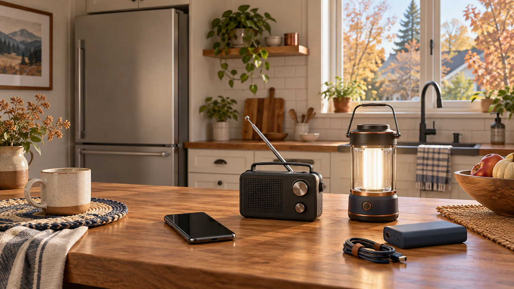 AI-generated illustration of a calm kitchen with a closed refrigerator, phone, battery radio, LED lantern and generic power bank