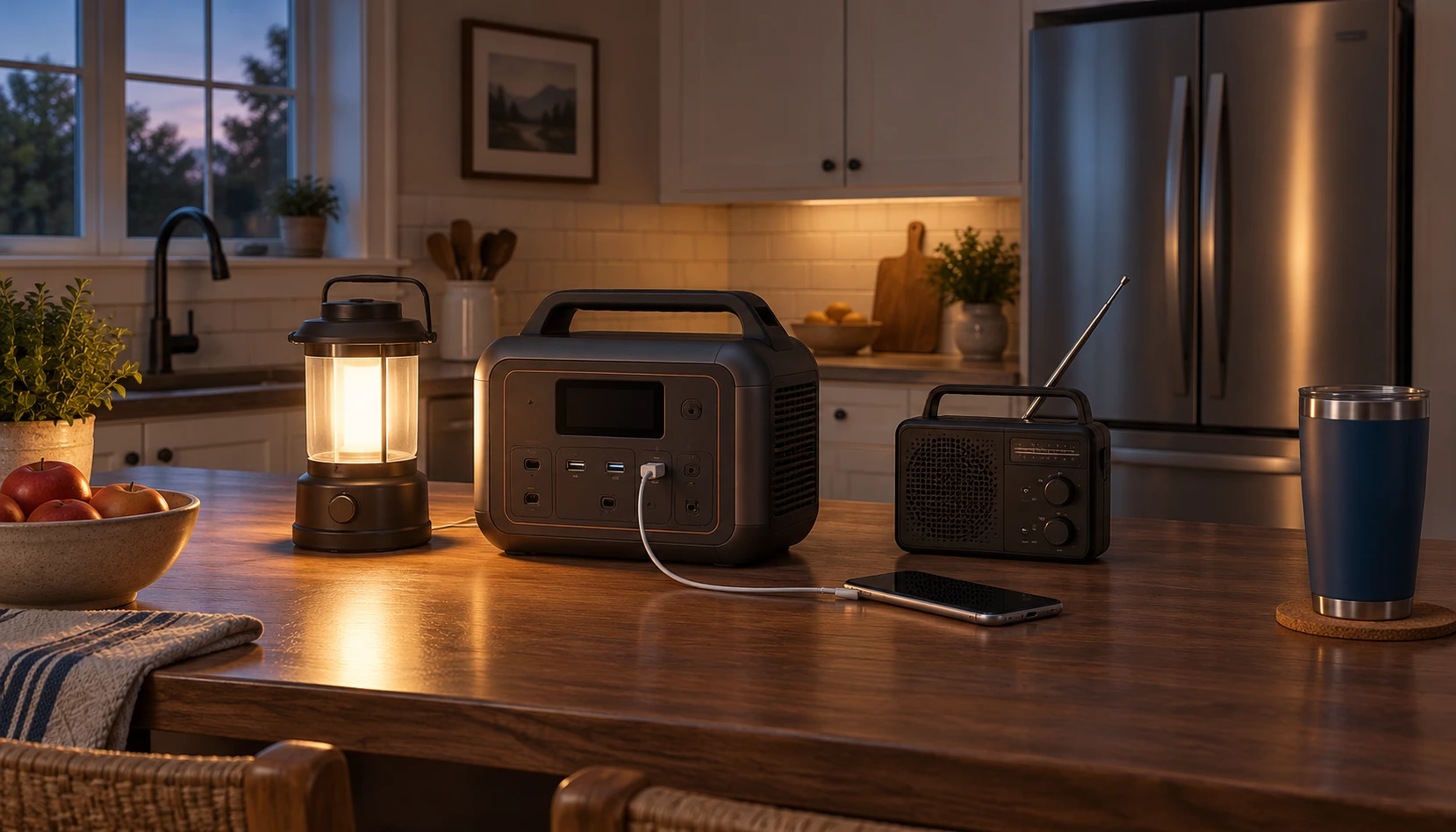 AI-generated illustration of a kitchen with a closed refrigerator, generic battery station, phone, radio and lantern