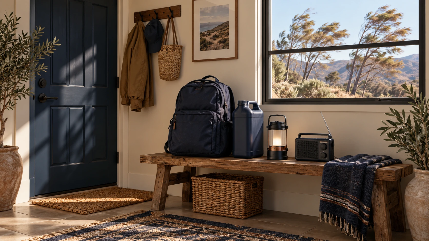 AI-generated illustration of an unoccupied entryway with a go bag, water container, battery lantern and radio beside a closed window