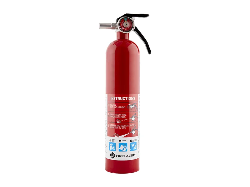 First Alert HOME1 red home fire extinguisher with pressure gauge and black hose