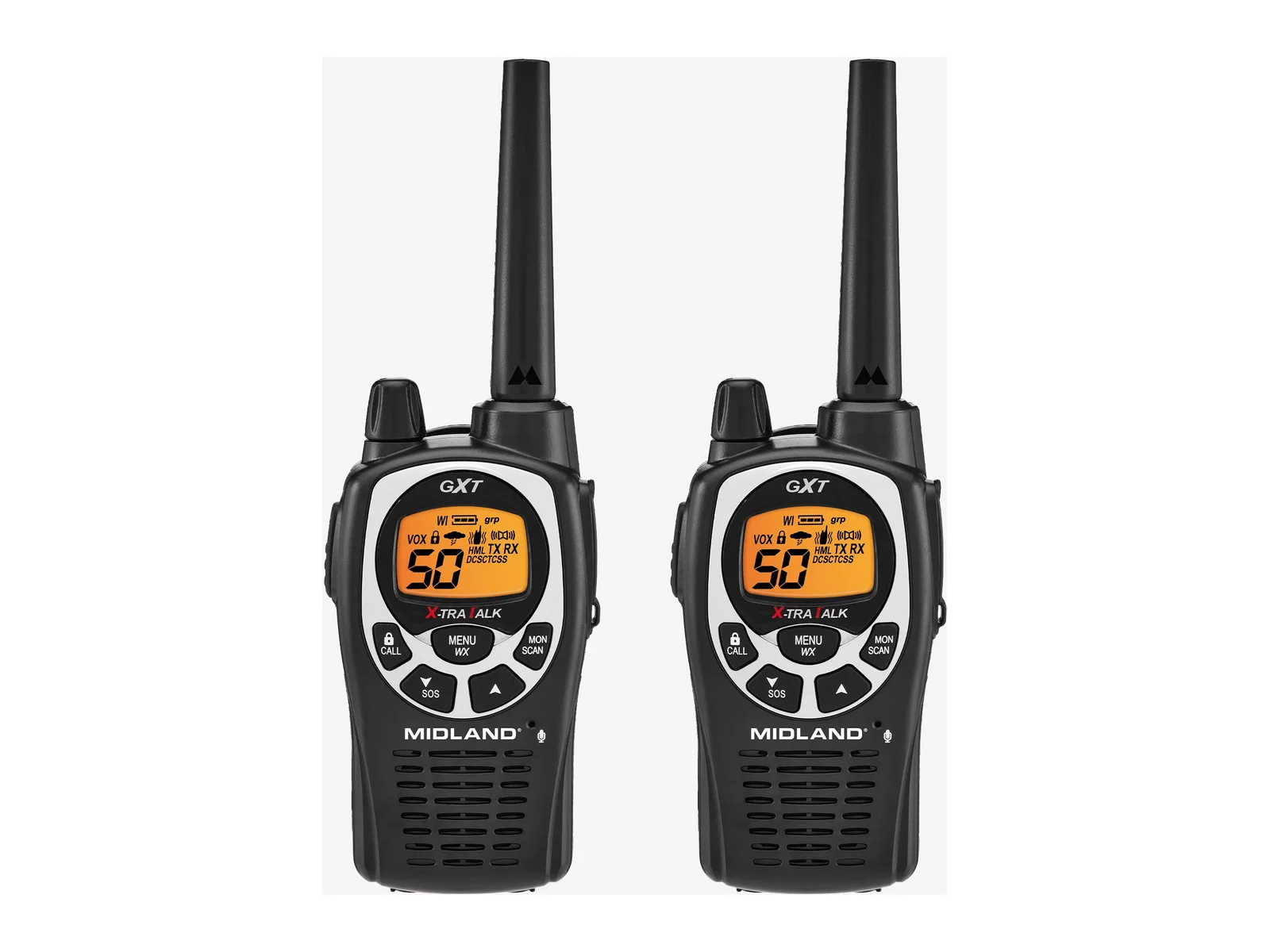 Two Midland GXT1000 GMRS walkie-talkies