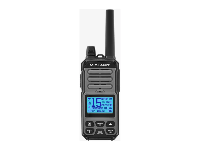 Midland GXT67 Pro black 5-watt GMRS handheld radio, front