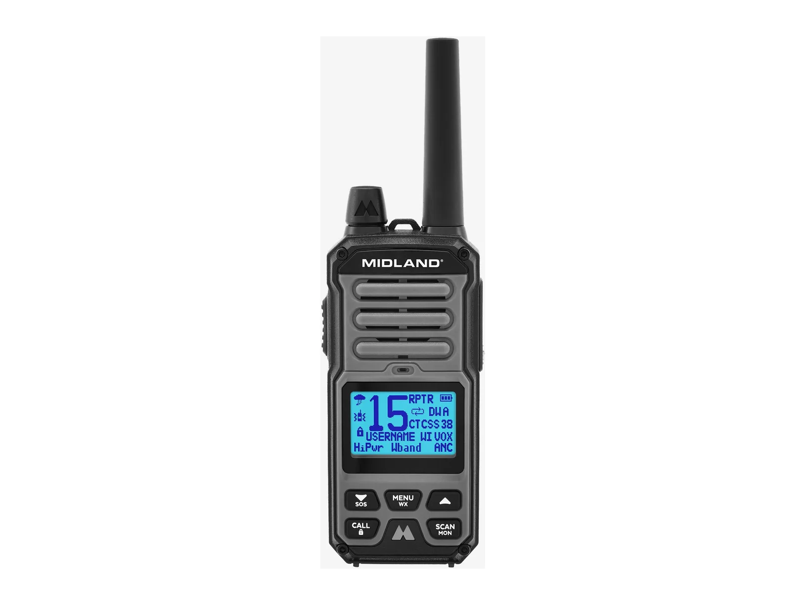 Midland GXT67 Pro black 5-watt GMRS handheld radio, front