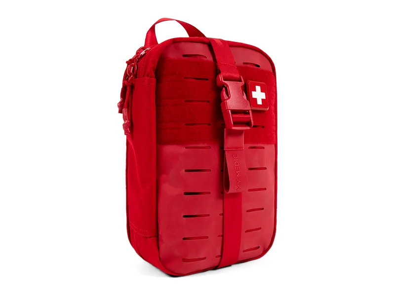 Red My Medic MyFAK first aid kit with MOLLE panel and white cross