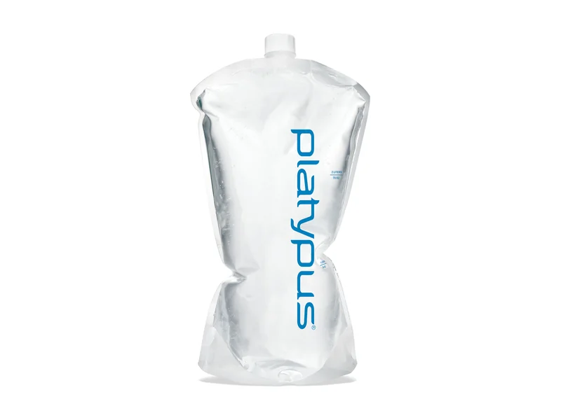 Platypus Platy 2L clear collapsible water bottle with blue lettering