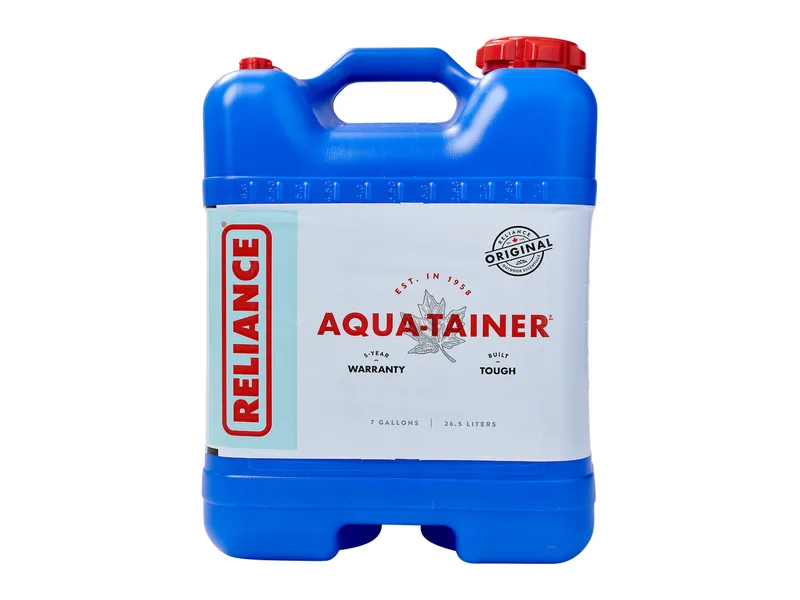 Reliance Aqua-Tainer 7-gallon blue rigid water container with red cap
