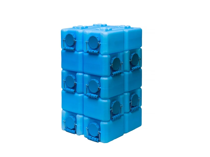 Official WaterBrick photo showing blue containers stacked crosswise; pictured quantity does not represent the six-pack contents